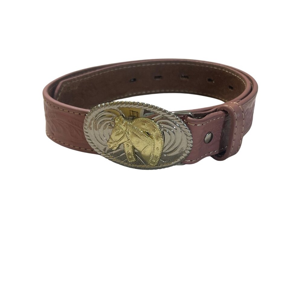 Nocona Belt Leather Western Pink Belt Gold Silver Horse Buckle 25" - 29" NWOT